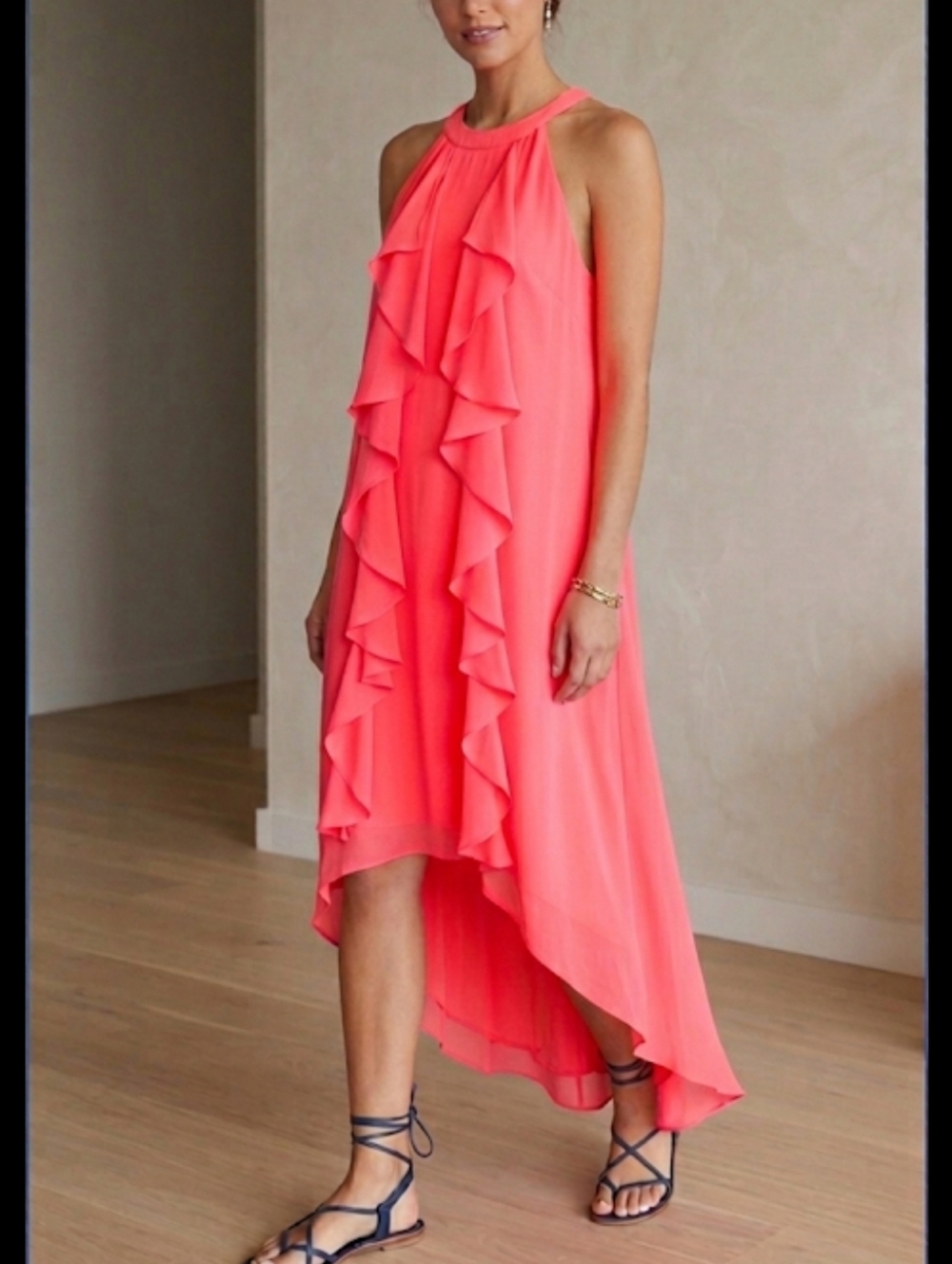 Jennifer Lopez High-Neck Ruffle Hi-Low Dress in Coral Pink Sz l